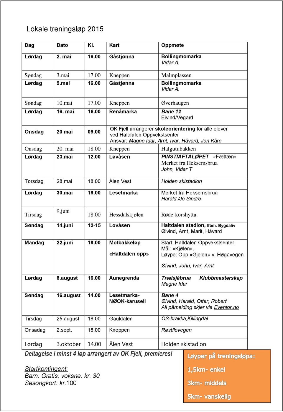 00 OK Fjell arrangerer skoleorientering for alle elever ved Haltdalen Oppvekstsenter Ansvar: Magne Idar, Arnt, Ivar, Håvard, Jon Kåre Onsdag 20. mai 18.00 Kneppen Halgutubakken Lørdag 23.mai 12.