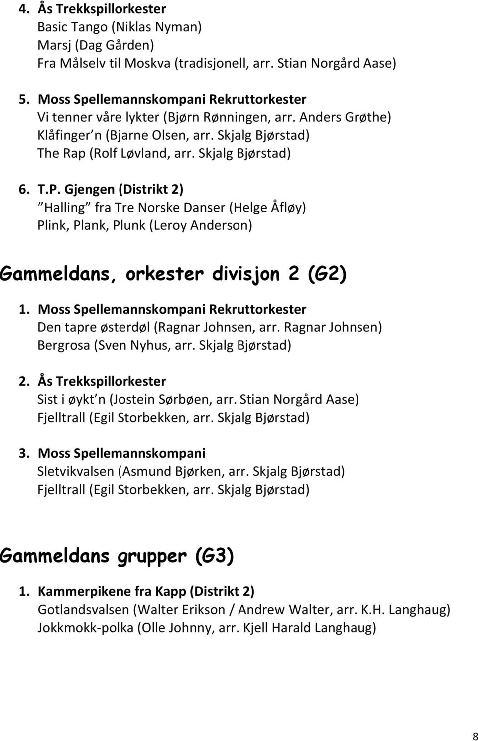 Gjengen (Distrikt 2) Halling fra Tre Norske Danser (Helge Åfløy) Plink, Plank, Plunk (Leroy Anderson) Gammeldans, orkester divisjon 2 (G2) 1.