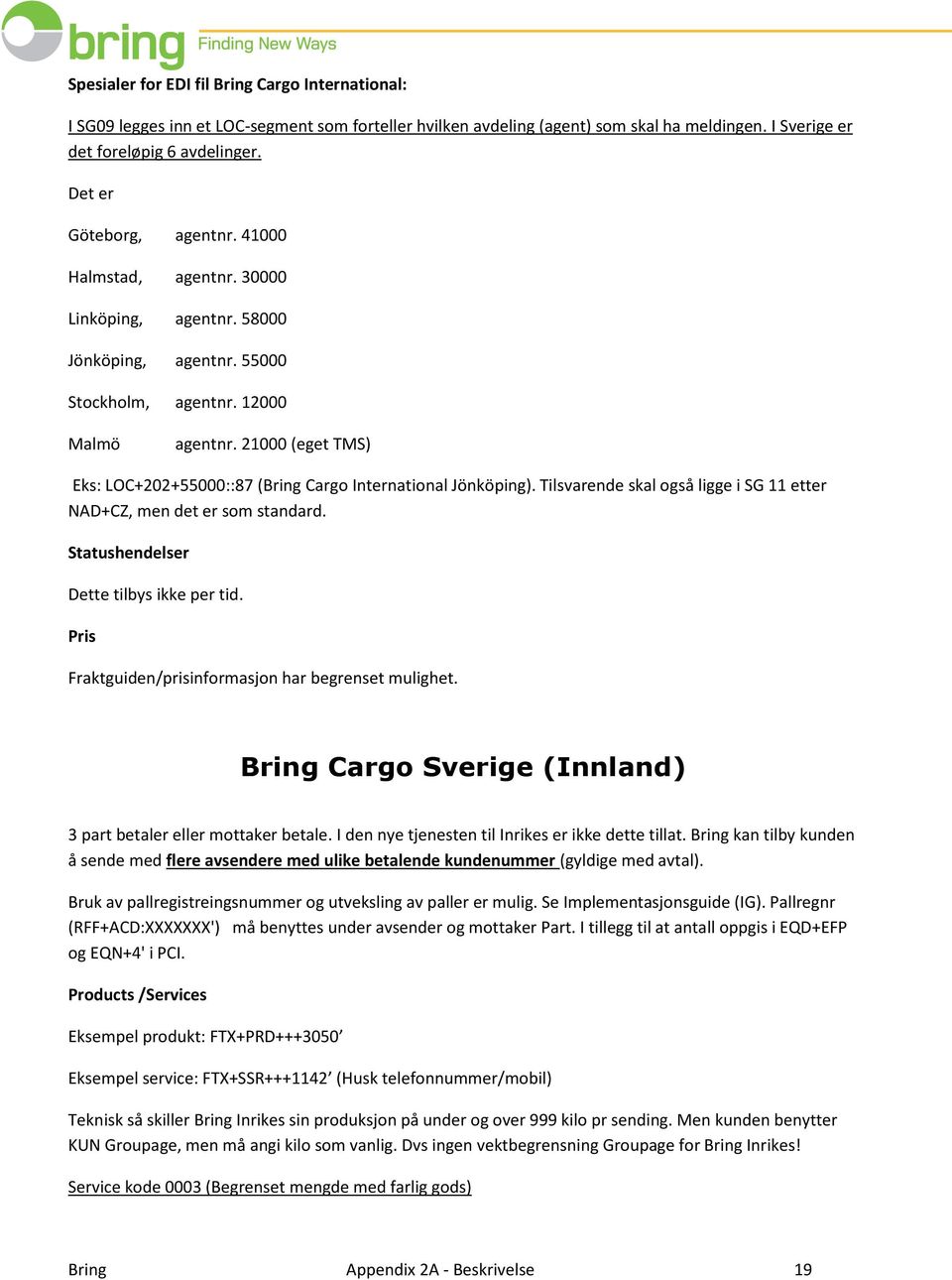 21000 (eget TMS) Eks: LOC+202+55000::87 (Bring Cargo International Jönköping). Tilsvarende skal også ligge i SG 11 etter NAD+CZ, men det er som standard. Statushendelser Dette tilbys ikke per tid.