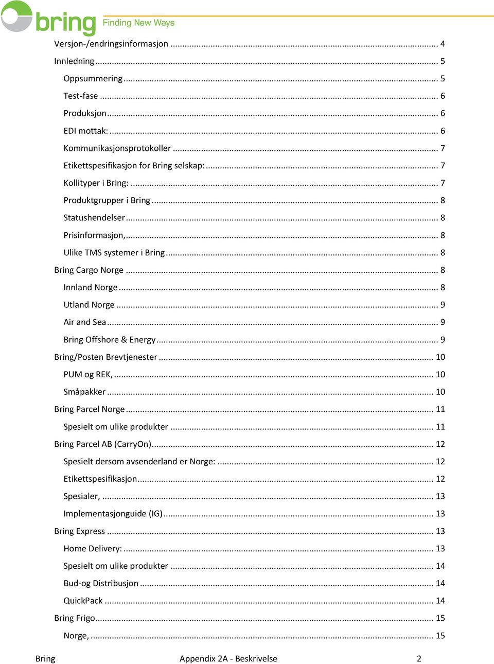 .. 9 Air and Sea... 9 Bring Offshore & Energy... 9 Bring/Posten Brevtjenester... 10 PUM og REK,... 10 Småpakker... 10 Bring Parcel Norge... 11 Spesielt om ulike produkter.
