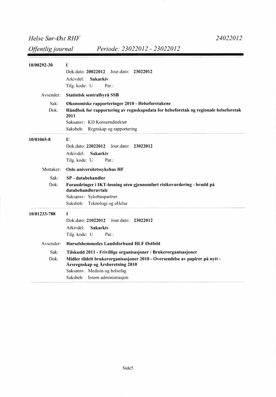 2011 KD Konserndirektør Regnskap og rapportering 10/01065-8 Mottaker: Oslo universitetssykehus HF 10/01233-788 I Sak: SP - databehandler Dok: Forandringer i IKT-Iøsning uten gjennomfort