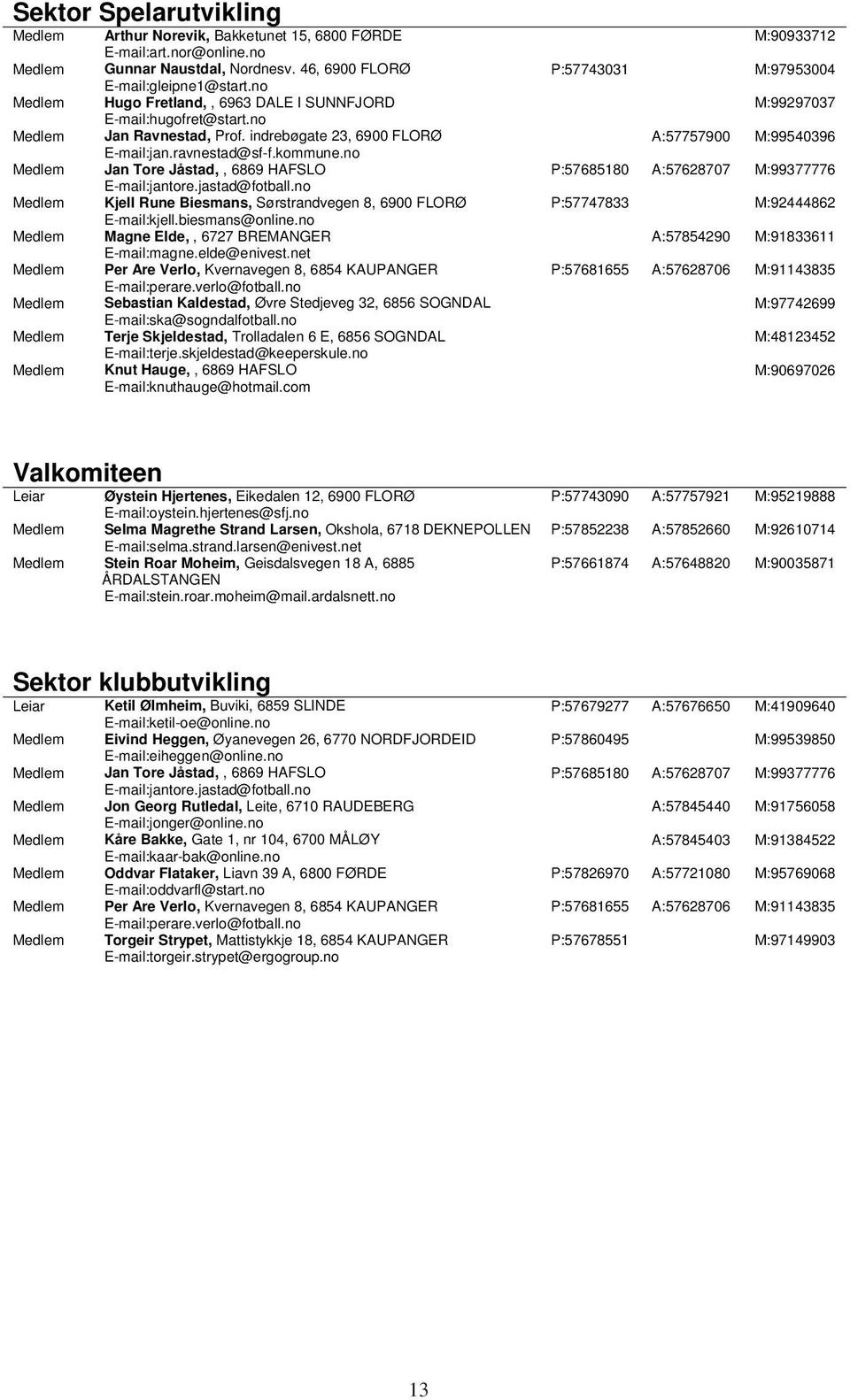 indrebøgate 23, 6900 FLORØ A:57757900 M:99540396 E-mail:jan.ravnestad@sf-f.kommune.no Medlem Jan Tore Jåstad,, 6869 HAFSLO P:57685180 A:57628707 M:99377776 E-mail:jantore.jastad@fotball.