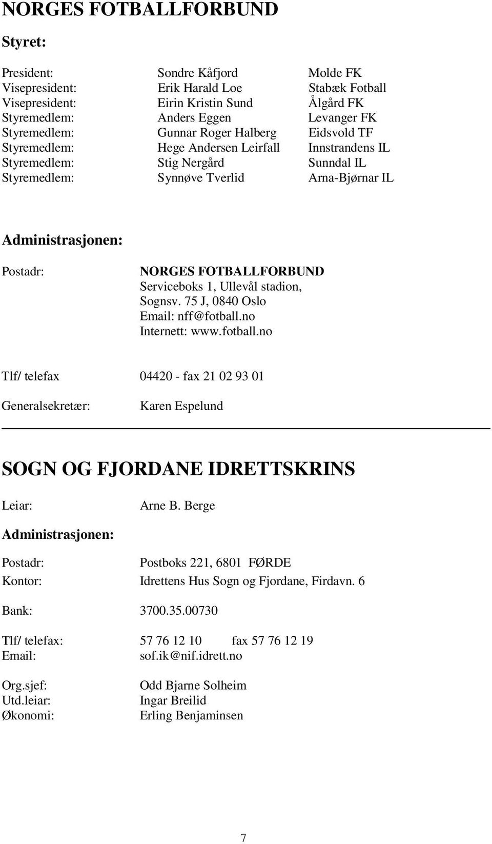 Postadr: NORGES FOTBALLFORBUND Serviceboks 1, Ullevål stadion, Sognsv. 75 J, 0840 Oslo Email: nff@fotball.