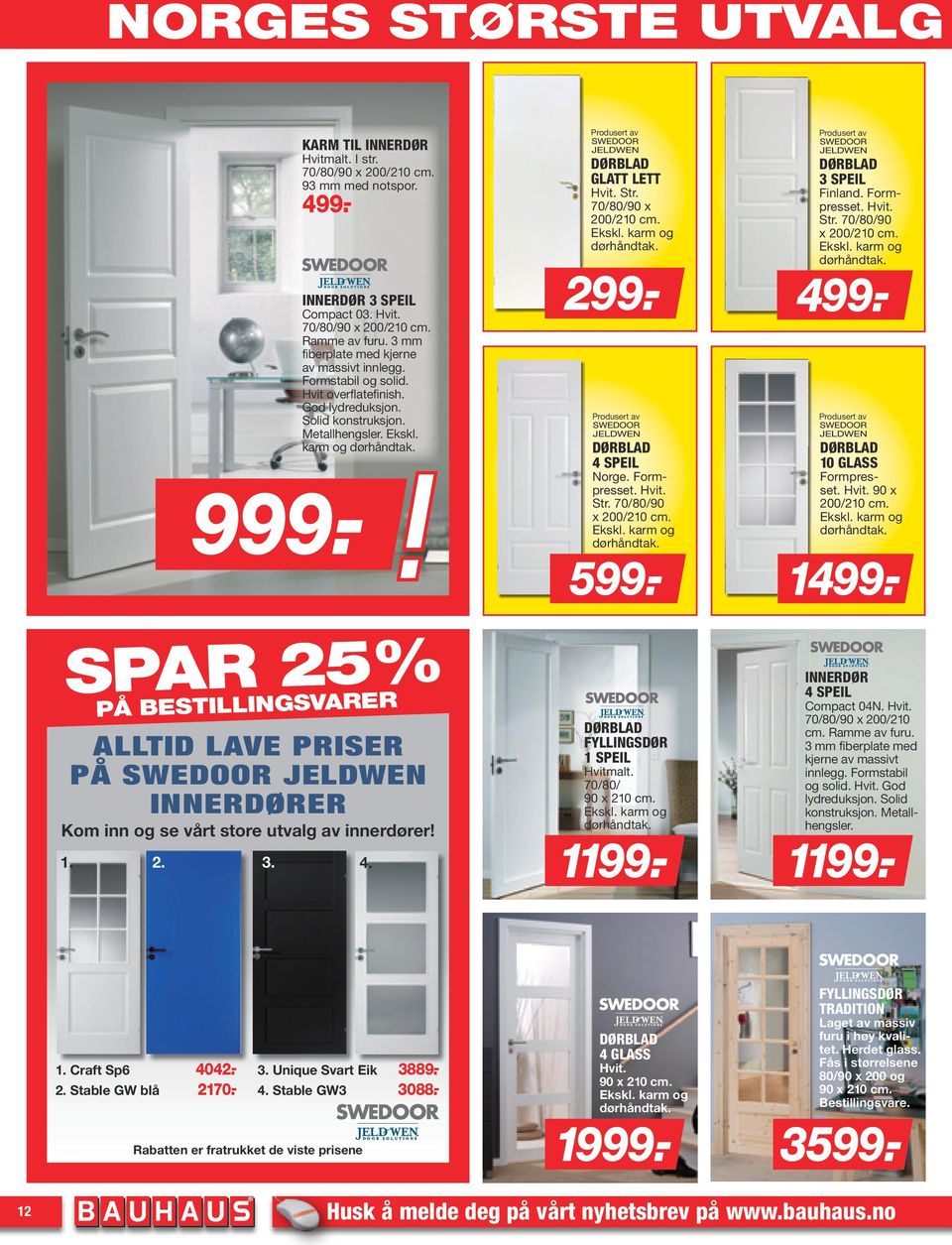 SPAR 25% PÅ BESTILLINGSVARER ALLTID LAVE PRISER PÅ SWEDOOR JELDWEN INNERDØRER 2. 3. 4. Produsert av DØRBLAD GLATT LETT Hvit. Str. 70/80/90 x 200/210 cm. Ekskl. karm og dørhåndtak. 1499.