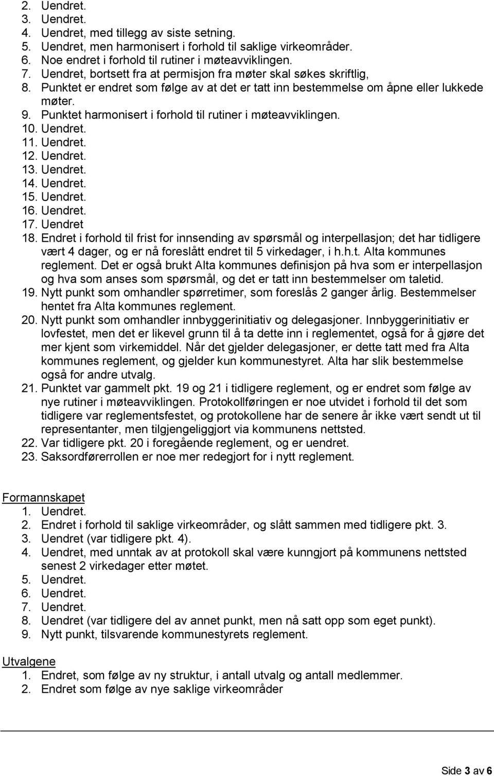 Punktet harmonisert i forhold til rutiner i møteavviklingen. 10. Uendret. 11. Uendret. 12. Uendret. 13. Uendret. 14. Uendret. 15. Uendret. 16. Uendret. 17. Uendret 18.