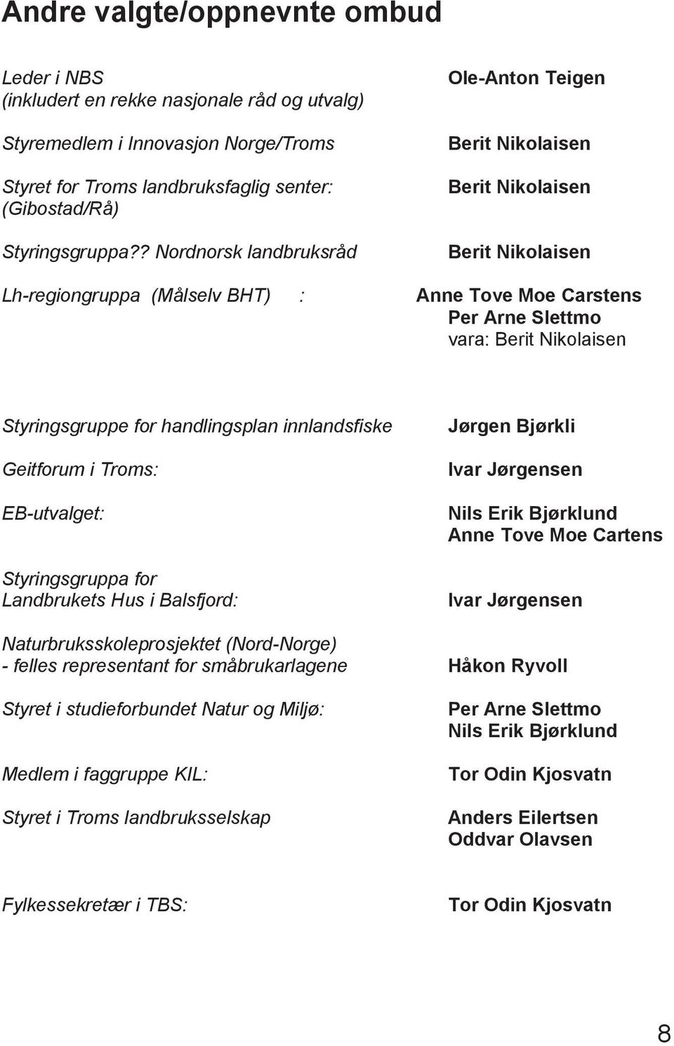 Styringsgruppe for handlingsplan innlandsfiske Geitforum i Troms: EB-utvalget: Styringsgruppa for Landbrukets Hus i Balsfjord: Jørgen Bjørkli Ivar Jørgensen Nils Erik Bjørklund Anne Tove Moe Cartens