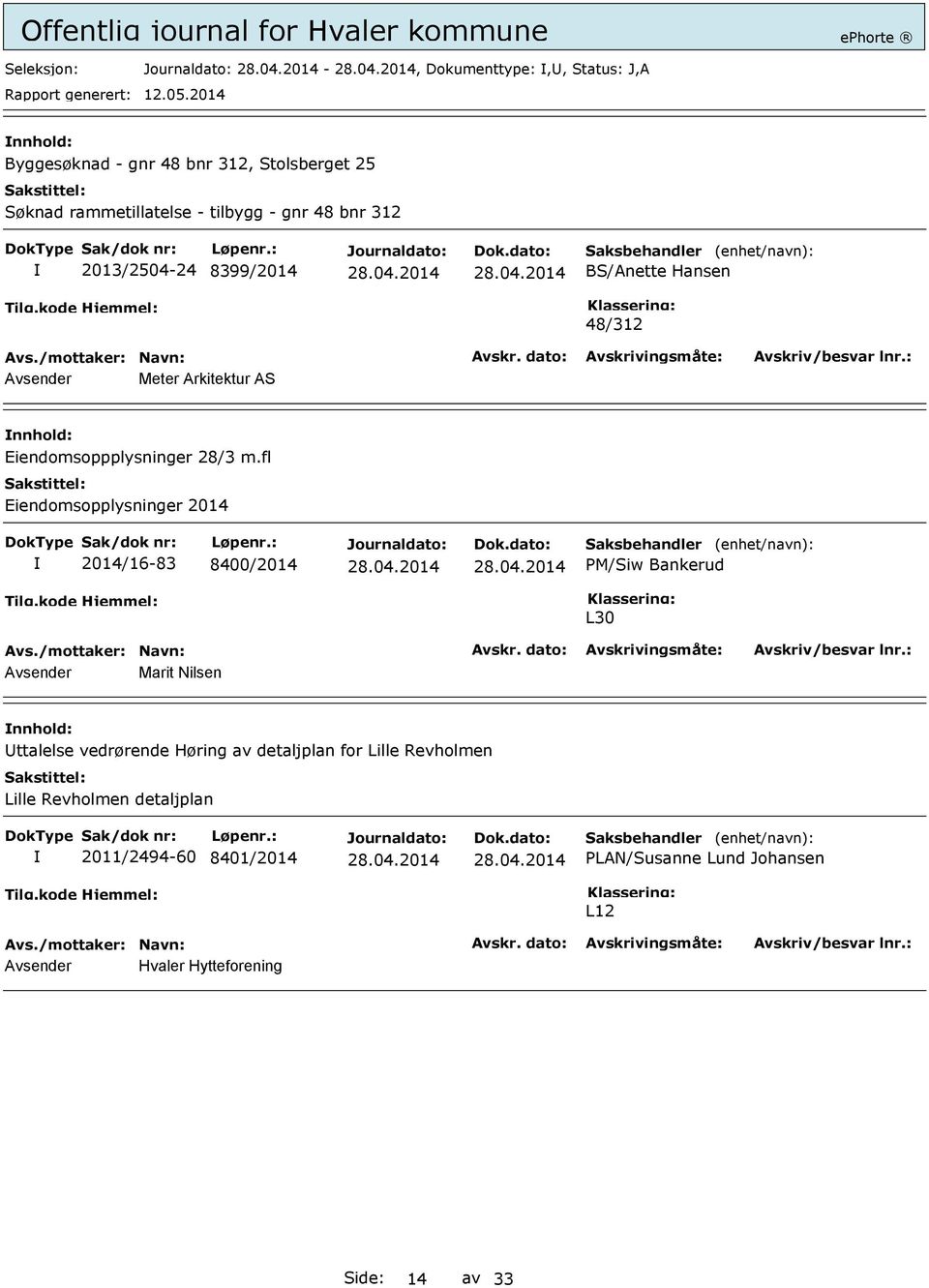 fl Eiendomsopplysninger 2014 2014/16-83 8400/2014 PM/Siw Bankerud L30 Avsender Marit Nilsen ttalelse vedrørende Høring av