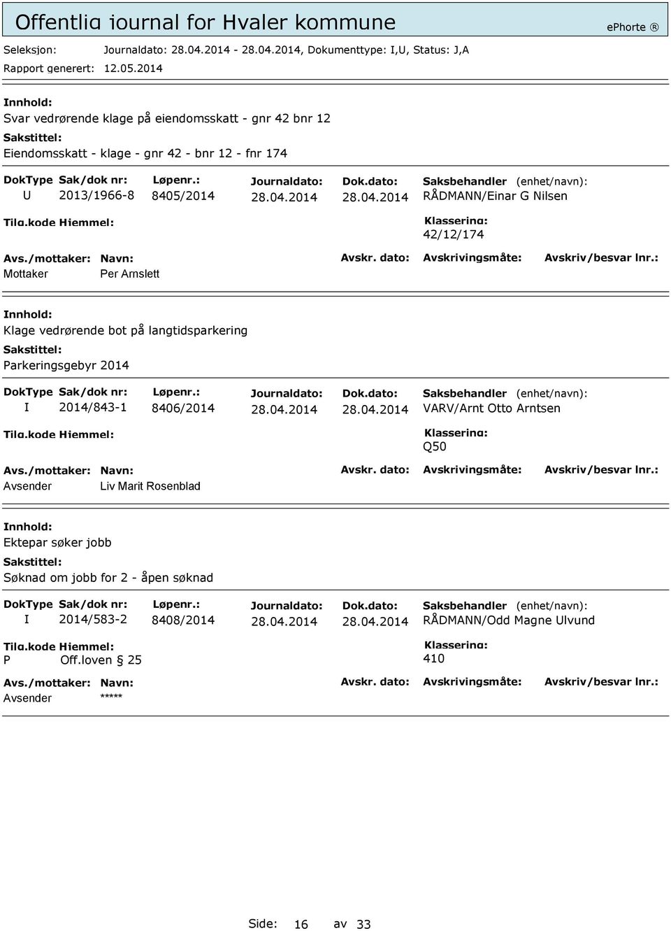 Parkeringsgebyr 2014 2014/843-1 8406/2014 VARV/Arnt Otto Arntsen Q50 Avsender Liv Marit Rosenblad Ektepar søker jobb Søknad