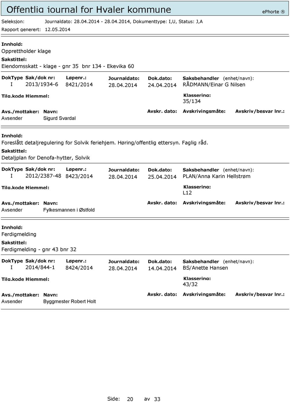 Detaljplan for Denofa-hytter, Solvik 2012/2387-48 8423/2014 PLAN/Anna Karin Hellstrøm L12 Avsender Fylkesmannen i Østfold