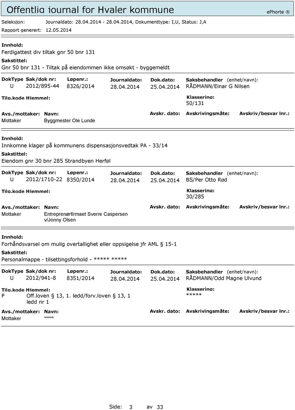 Rød 30/285 Mottaker Entreprenørfirmaet Sverre Caspersen v/jonny Olsen Forhåndsvarsel om mulig overtallighet eller oppsigelse jfr AML 15-1 Personalmappe -