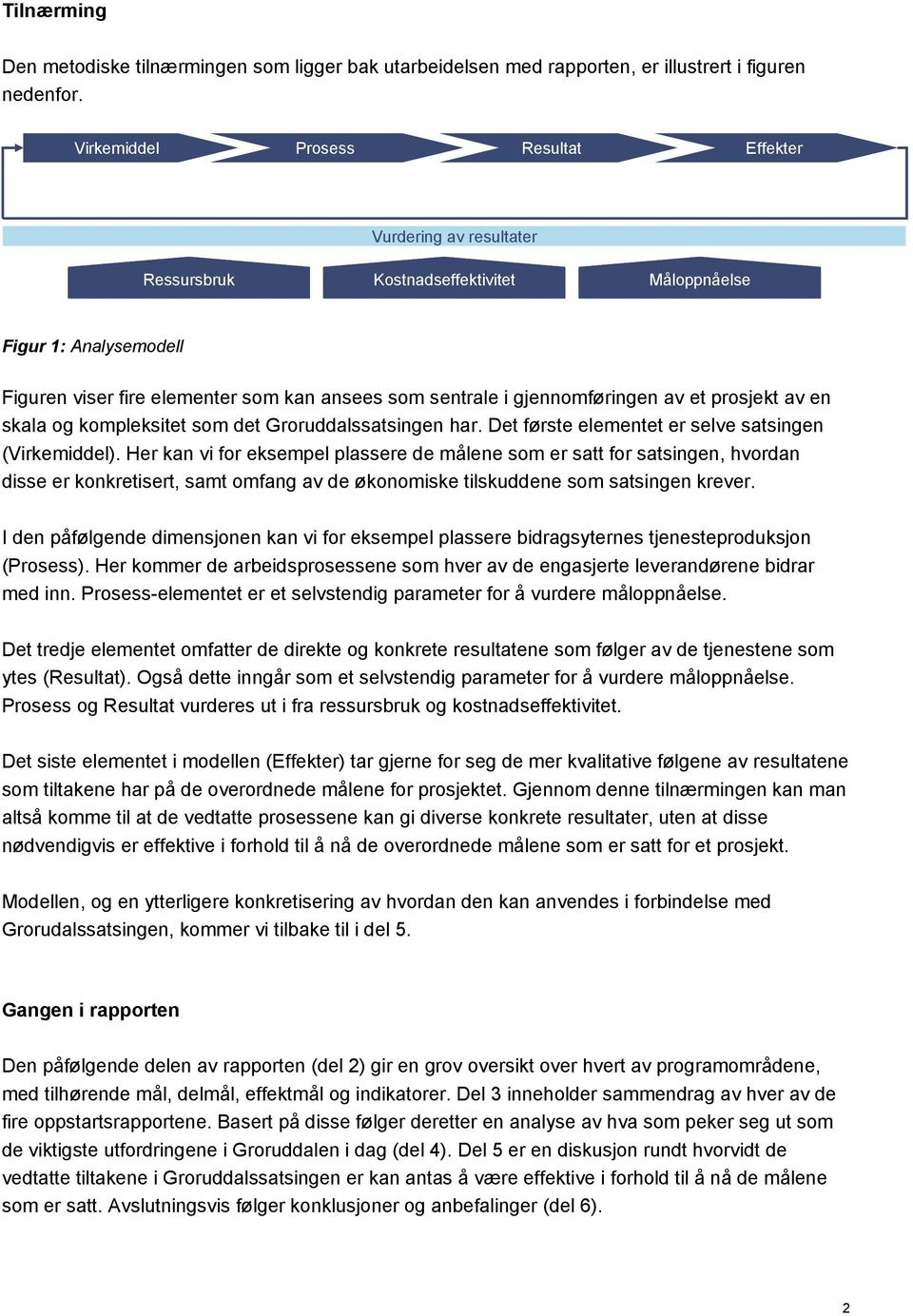 gjennomføringen av et prosjekt av en skala og kompleksitet som det Groruddalssatsingen har. Det første elementet er selve satsingen (Virkemiddel).