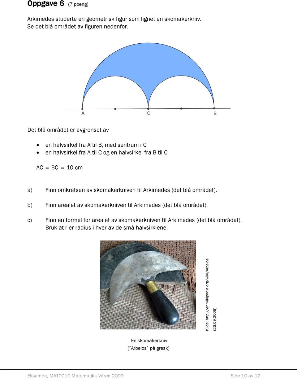 skomakerkniven til Arkimedes (det blå området). c) Finn en formel for arealet av skomakerkniven til Arkimedes (det blå området).