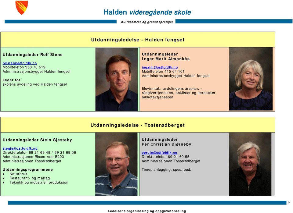 no Mobiltelefon 415 64 101 Administrasjonsbygget Halden fengsel Elevinntak, avdelingens årsplan, - rådgivertjenesten, boklister og lærebøker, bibliotektjenesten Utdanningsledelse - Tosterødberget