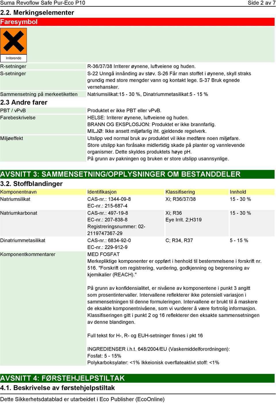 Sammensetning på merkeetiketten Natriumsilikat:15-30 %, Dinatriummetasilikat:5-15 % 2.3 Andre farer PBT / vpvb Farebeskrivelse Miljøeffekt Produktet er ikke PBT eller vpvb.