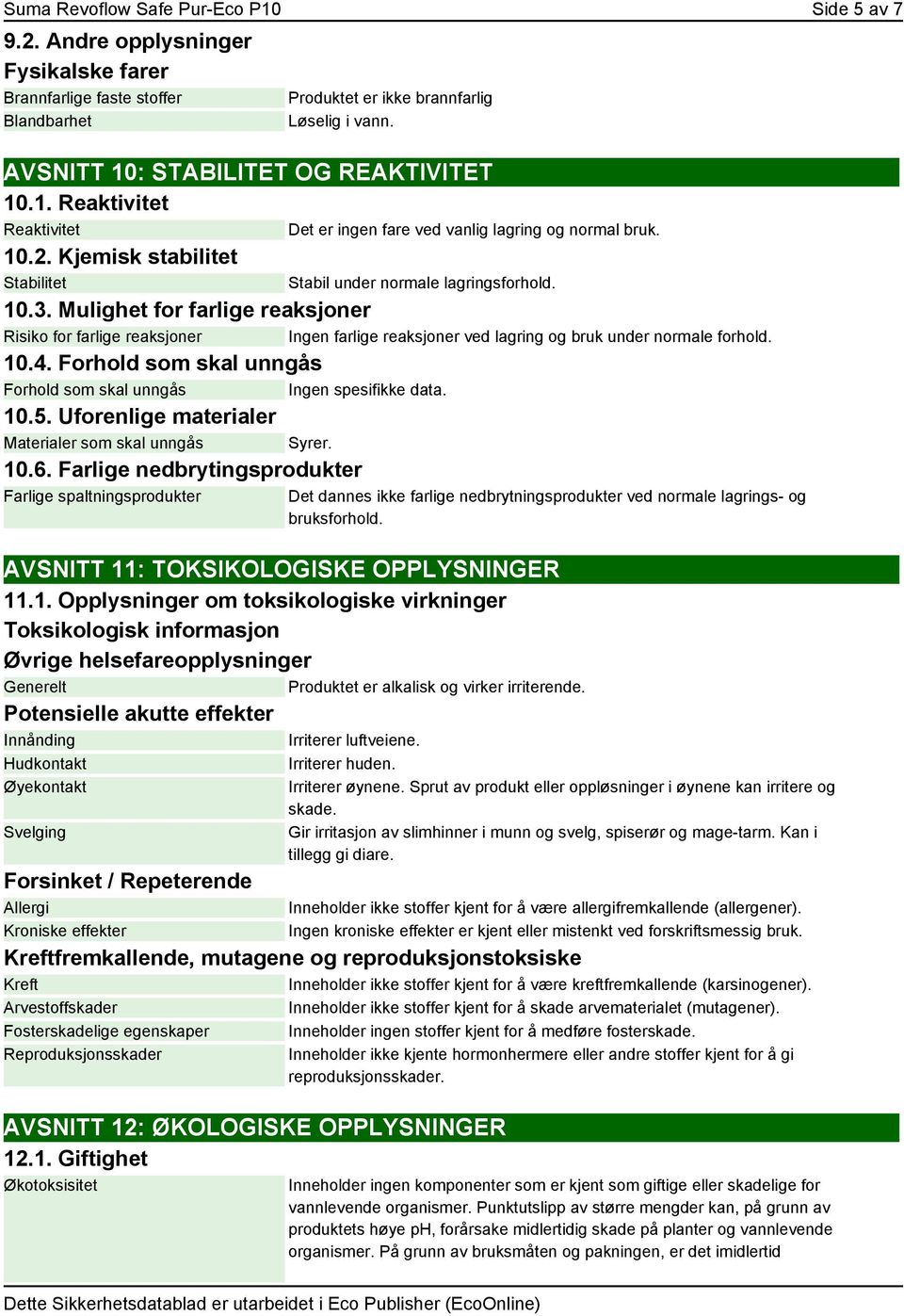 Mulighet for farlige reaksjoner Risiko for farlige reaksjoner Ingen farlige reaksjoner ved lagring og bruk under normale forhold. 10.4.