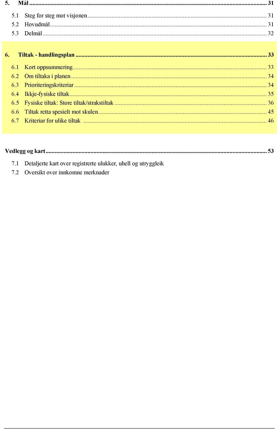 5 Fysiske tiltak: Store tiltak/strakstiltak... 36 6.6 Tiltak retta spesielt mot skulen... 45 6.7 Kriteriar for ulike tiltak.