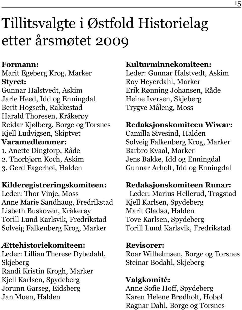 Gerd Fagerhøi, Halden Kilderegistreringskomiteen: Leder: Thor Vinje, Moss Anne Marie Sandhaug, Fredrikstad Lisbeth Buskoven, Kråkerøy Torill Lund Karlsvik, Fredrikstad Solveig Falkenberg Krog, Marker