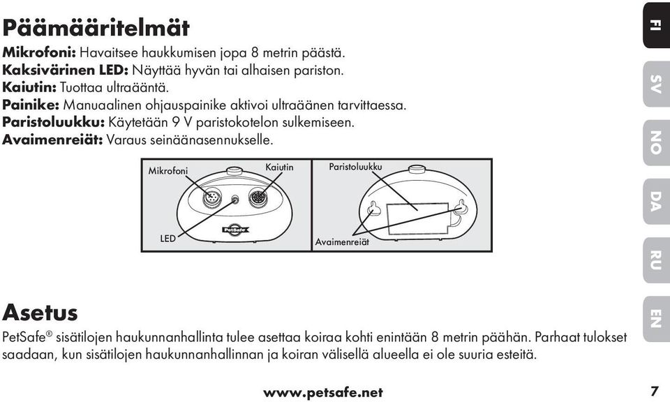 Paristoluukku: Käytetään 9 V paristokotelon sulkemiseen. Avaimenreiät: Varaus seinäänasennukselle.