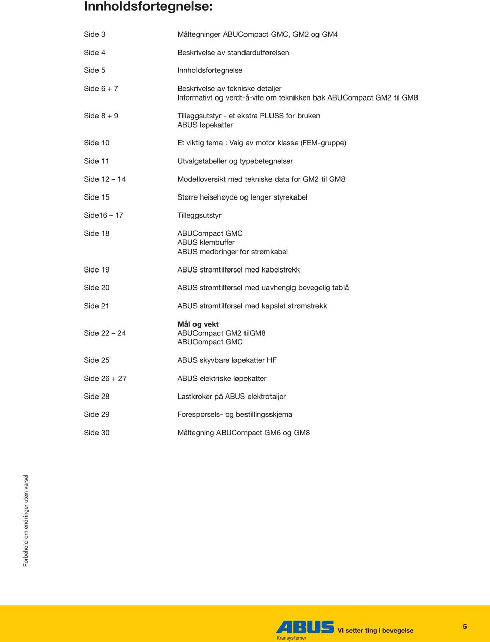 Tilleggsutstyr - et ekstra PLUSS for bruken ABUS løpekatter Et viktig tema : Valg av motor klasse (FEM-gruppe) Utvalgstabeller og typebetegnelser Modelloversikt med tekniske data for GM2 til GM8