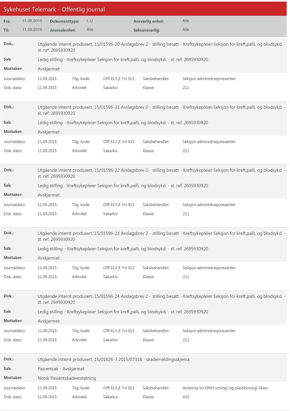 - Utgående internt produsert, 15/01596-22 Avslagsbrev 2 - stilling besatt - Kreftsykepleier Seksjon for kreft,palli, og blodsykd.