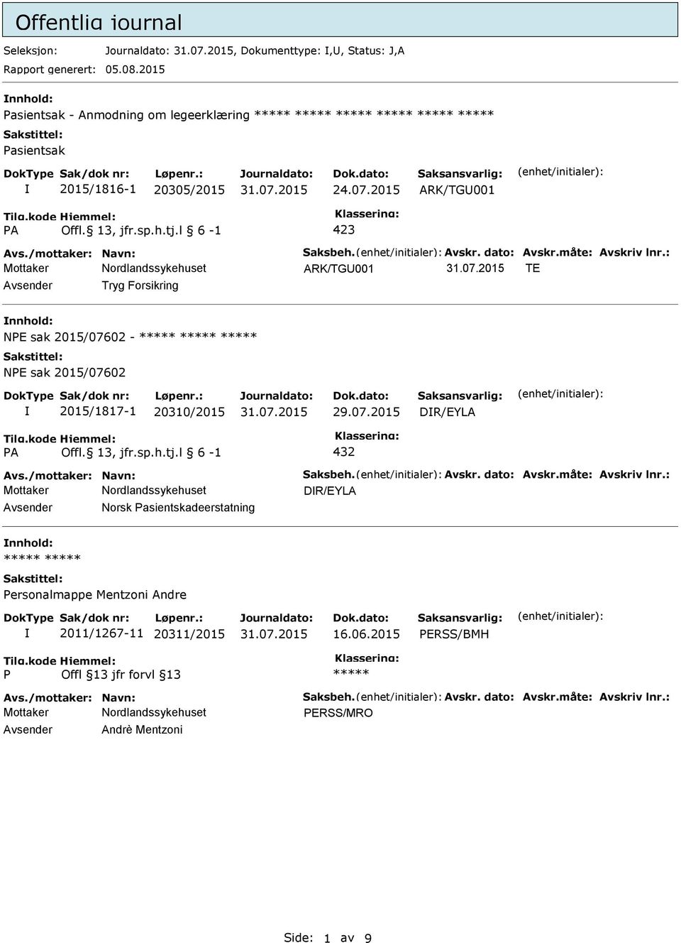 : ARK/TGU001 TE Avsender Tryg Forsikring nnhold: NE sak 2015/07602 - NE sak 2015/07602 2015/1817-1 20310/2015 DR/EYLA A Offl. 13, jfr.sp.h.tj.l 6-1 432 Avs./mottaker: Navn: Saksbeh. Avskr.