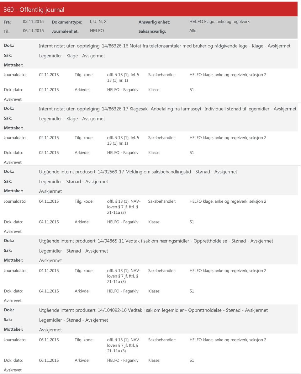 Journaldato: Tilg. kode: klage, anke og regelverk, seksjon 2 - Fagarkiv tgående internt produsert, 14/92569-17 Melding om saksbehandlingstid - Stønad - Legemidler - Stønad - Journaldato: 04.11.