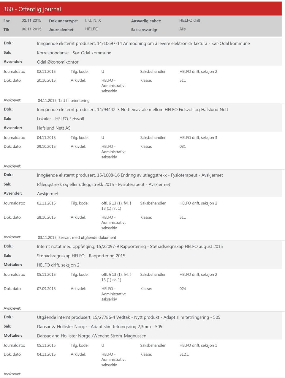 2015, Tatt til orientering Inngående eksternt produsert, 14/94442-3 Nettleieavtale mellom Eidsvoll og Hafslund Nett Lokaler - Eidsvoll Hafslund Nett AS Journaldato: 04.11.2015 Tilg.