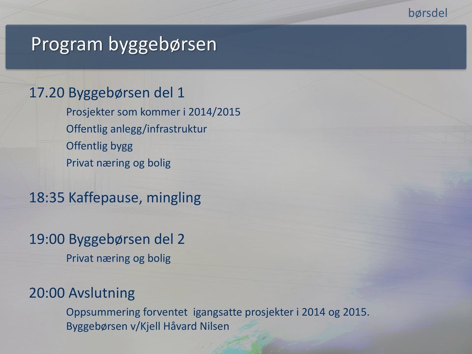 anlegg/infrastruktur Offentlig bygg Privat næring og bolig 18:35 Kaffepause,