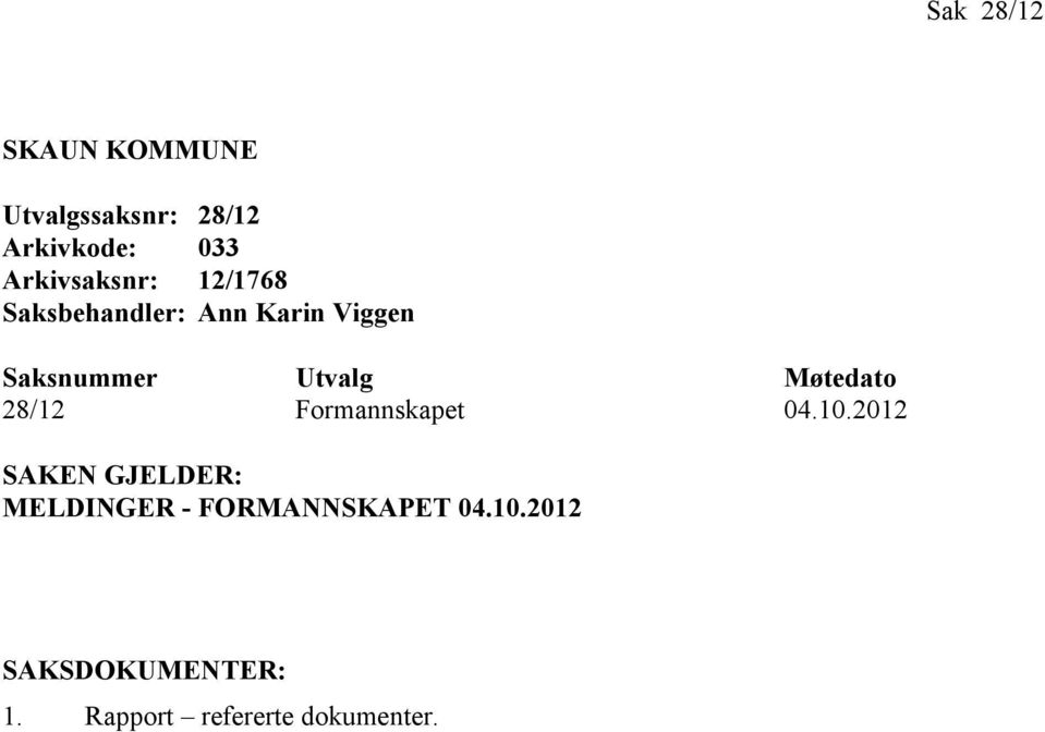 Utvalg Møtedato 28/12 Formannskapet 04.10.