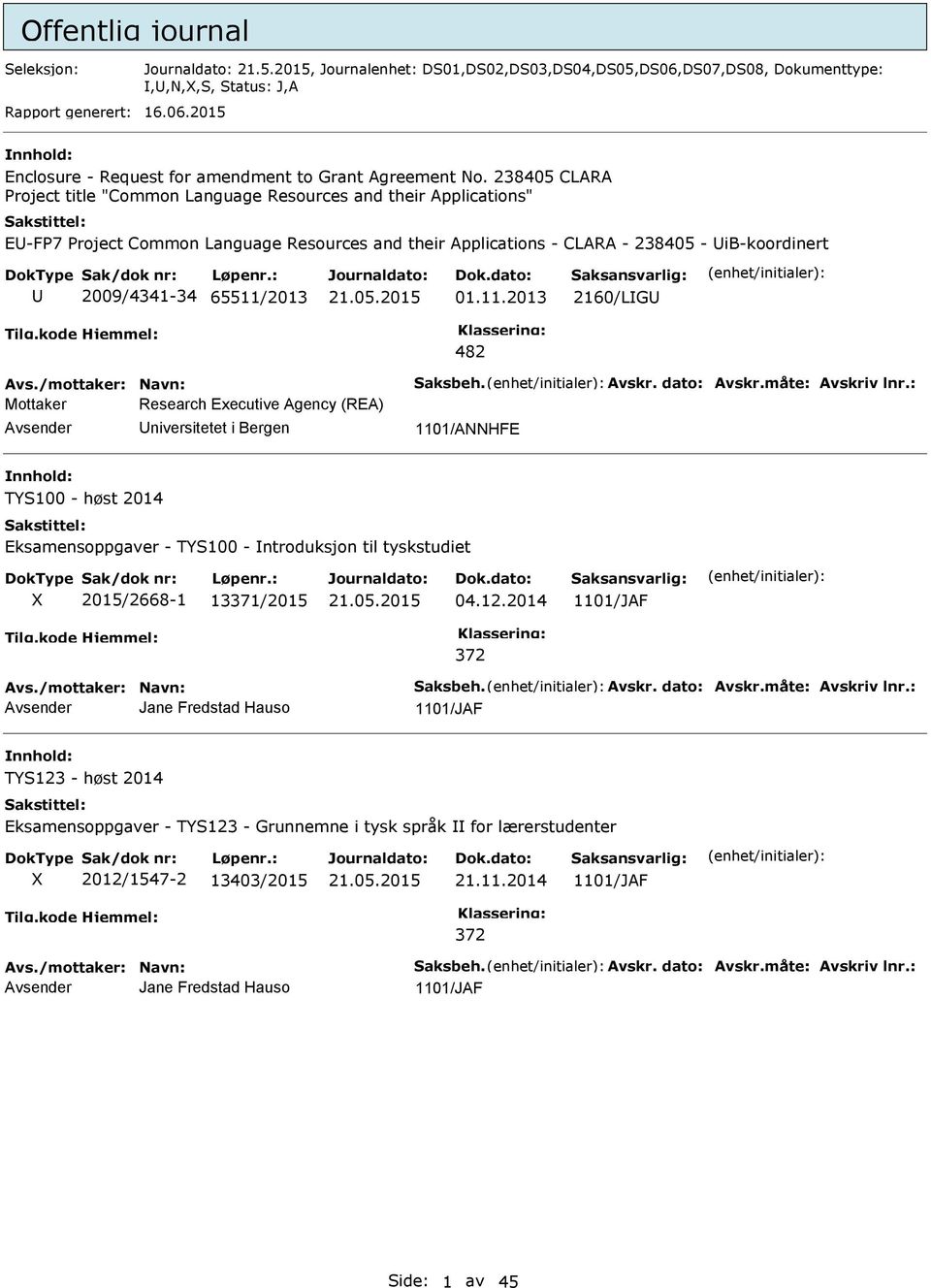 01.11.2013 2160/LG 482 Mottaker Research Executive Agency (REA) 1101/ANNHFE TYS100 - høst 2014 Eksamensoppgaver - TYS100 - ntroduksjon til tyskstudiet X 2015/2668-1 13/2015 04.12.