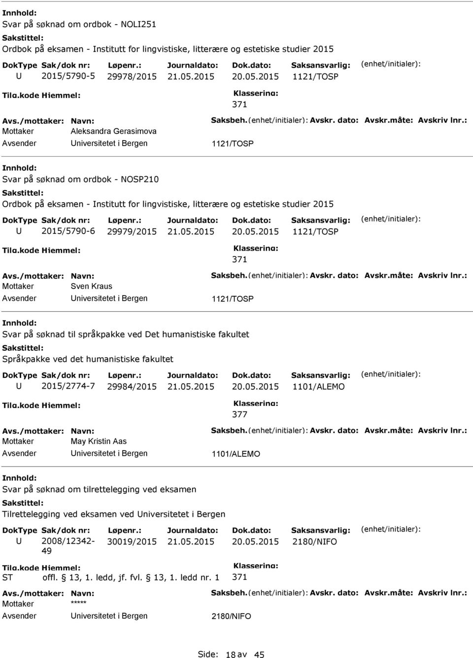 Mottaker Sven Kraus 1121/TOSP Svar på søknad til språkpakke ved Det humanistiske fakultet Språkpakke ved det humanistiske fakultet 2015/2774-7 29984/2015 1101/ALEMO 377 Mottaker