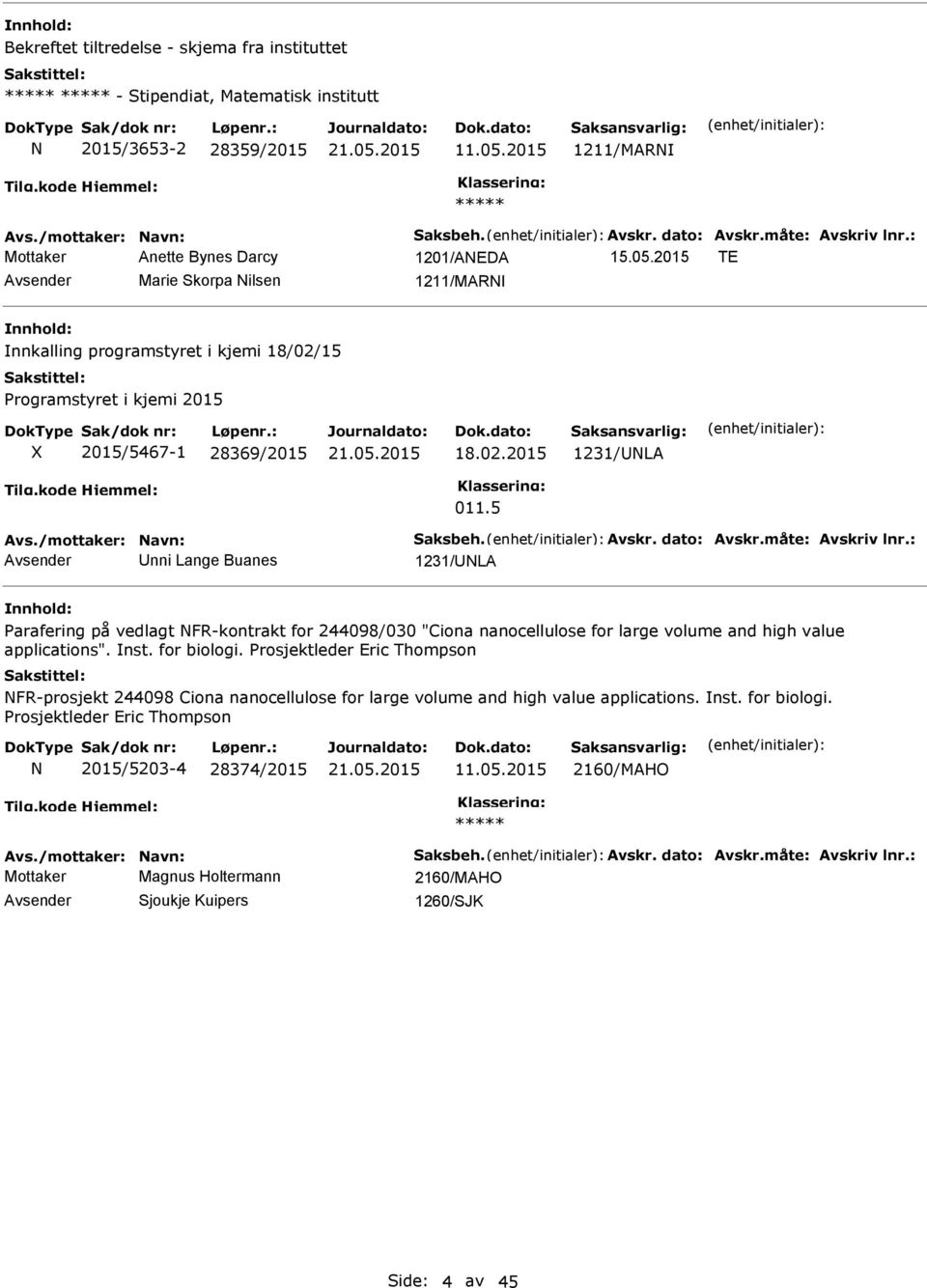 02.2015 1231/NLA 011.5 nni Lange Buanes 1231/NLA Parafering på vedlagt NFR-kontrakt for 244098/030 "Ciona nanocellulose for large volume and high value applications". nst. for biologi.