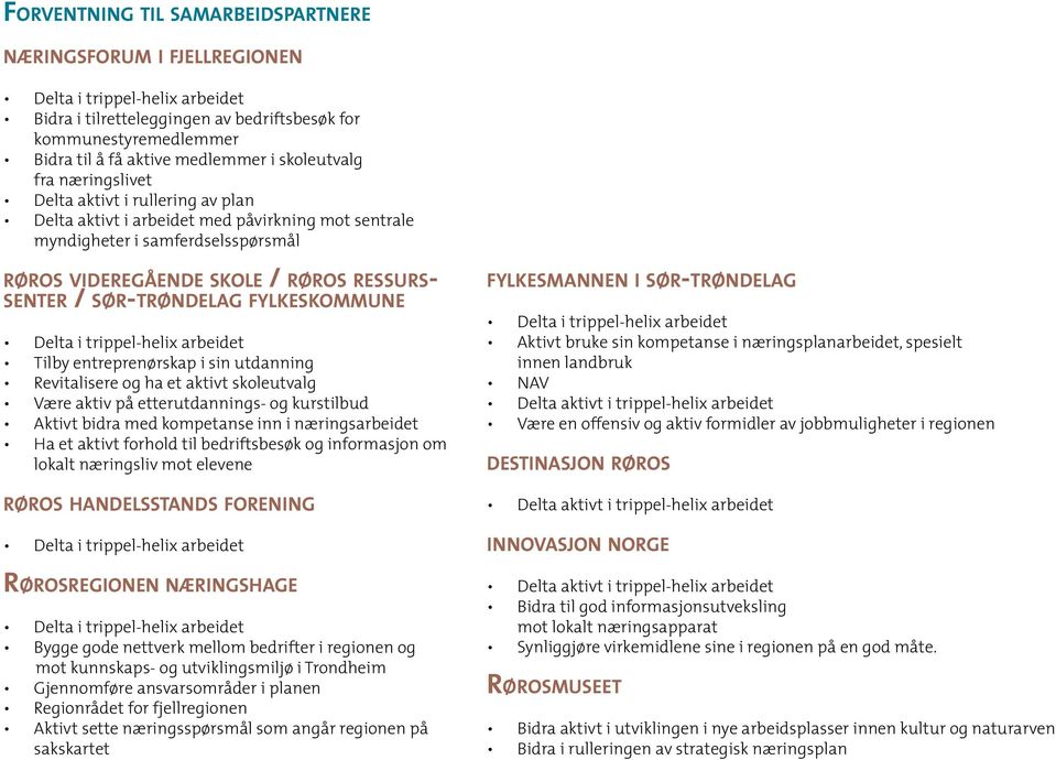 sør-trøndelag fylkeskommune Delta i trippel-helix arbeidet Tilby entreprenørskap i sin utdanning Revitalisere og ha et aktivt skoleutvalg Være aktiv på etterutdannings- og kurstilbud Aktivt bidra med