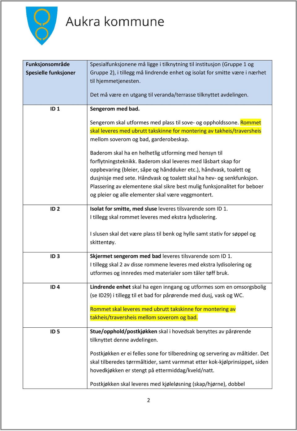 Rommet skal leveres med ubrutt takskinne for montering av takheis/traversheis mellom soverom og bad, garderobeskap. Baderom skal ha en helhetlig utforming med hensyn til forflytningsteknikk.