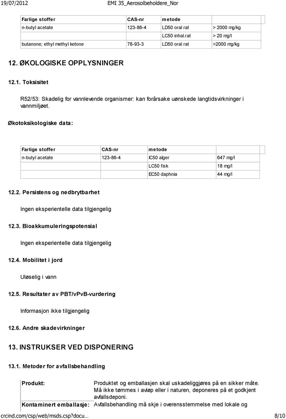 Økotoksikologiske data: Farlige stoffer CAS-nr metode n-butyl acetate 123-86-4 IC50 alger 647 mg/l LC50 fisk 18 mg/l EC50 daphnia 44 mg/l 12.2. Persistens og nedbrytbarhet Ingen eksperientelle data tilgjengelig 12.