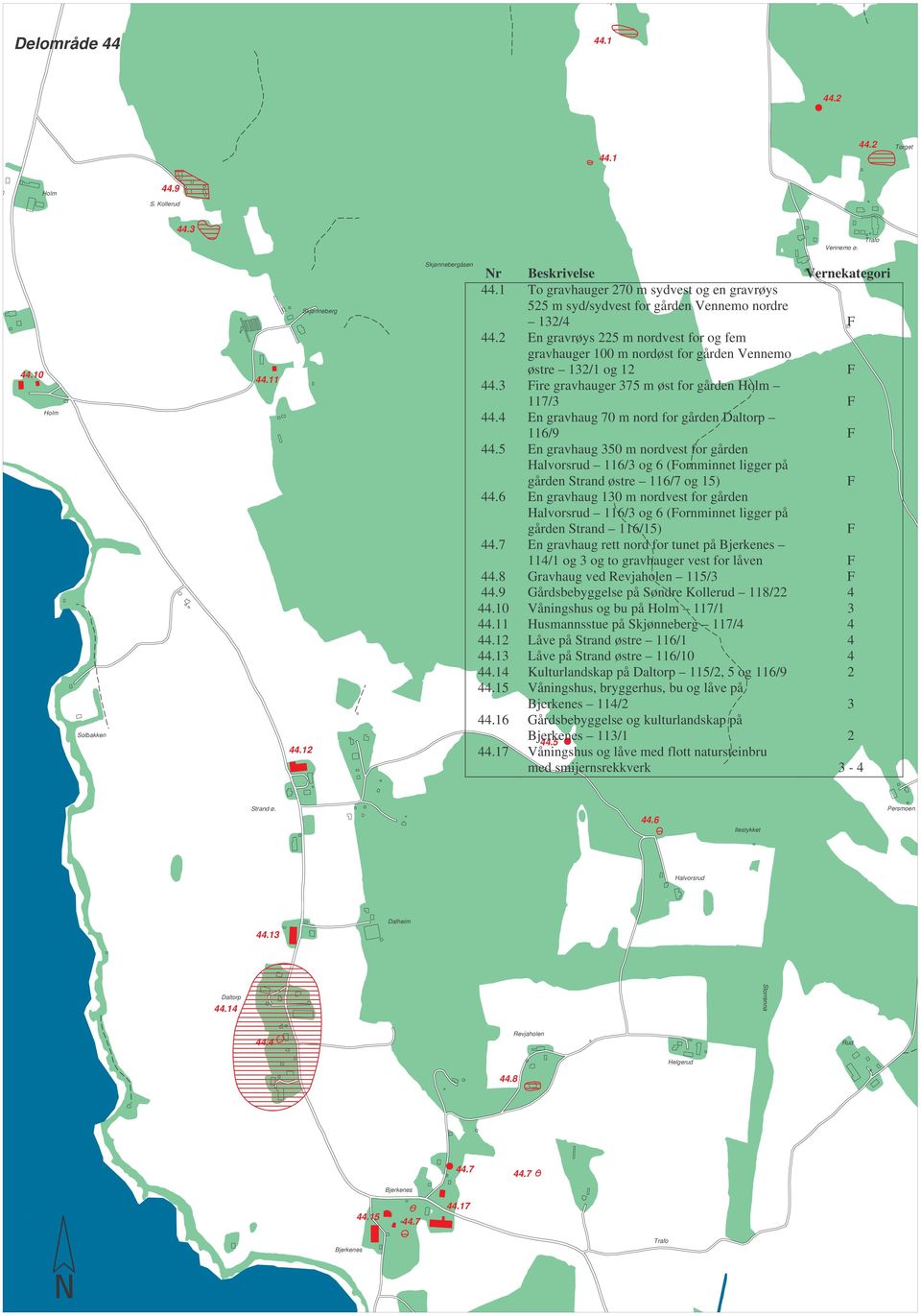 2 En gravrøys 225 m nordvest for og fem gravhauger 100 m nordøst for gården Vennemo østre 132/1 og 12 F 44.3 Fire gravhauger 375 m øst for gården Holm 117/3 F 44.
