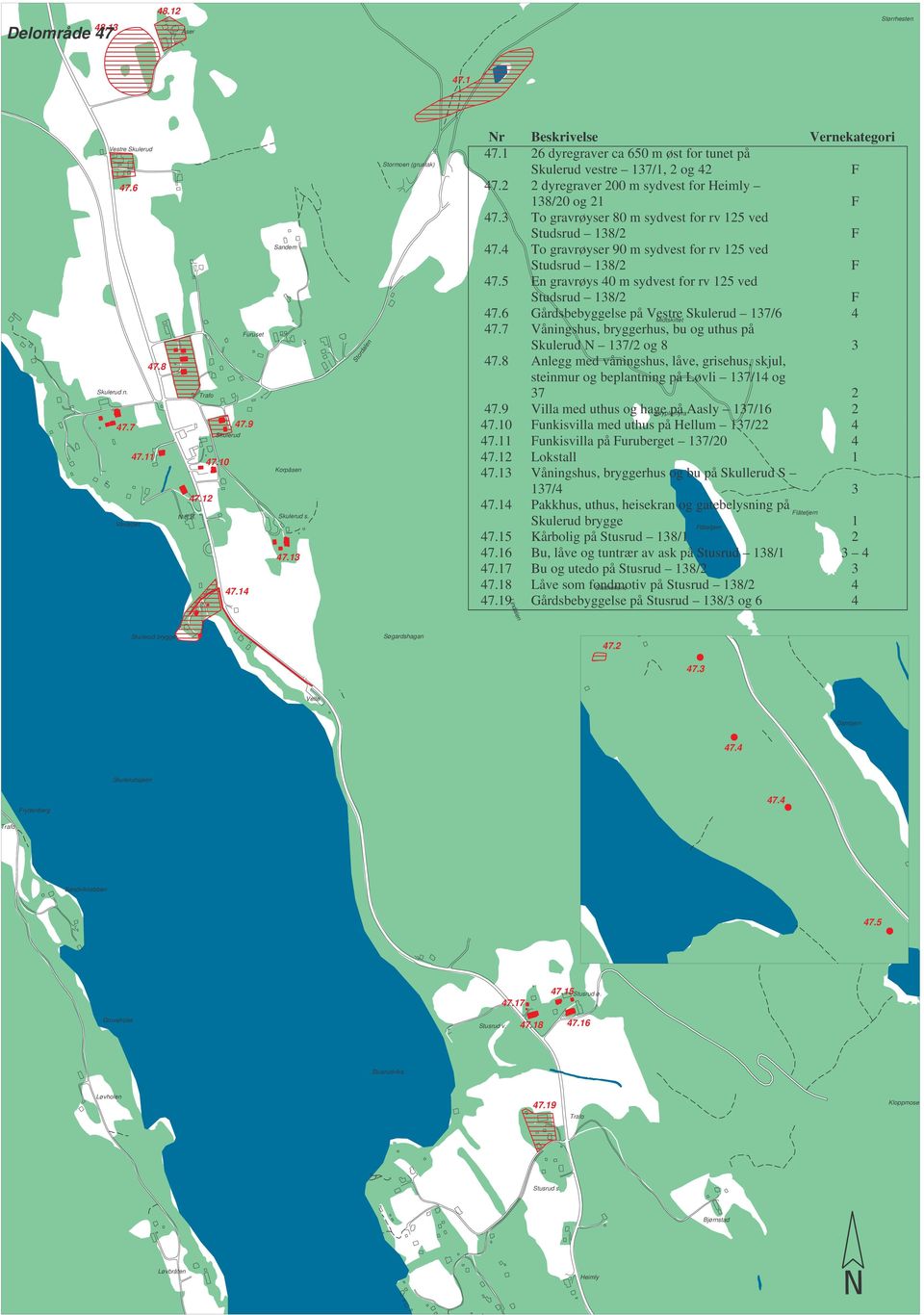 4 To gravrøyser 90 m sydvest for rv 125 ved Studsrud 138/2 F 47.5 En gravrøys 40 m sydvest for rv 125 ved Studsrud 138/2 F 47.6 Gårdsbebyggelse på Vestre Skulerud 137/6 4 Midtskiftet 47.