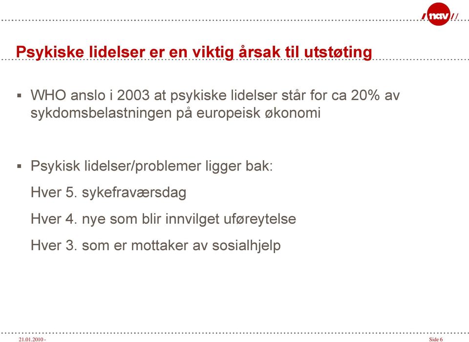 Psykisk lidelser/problemer ligger bak: Hver 5. sykefraværsdag Hver 4.