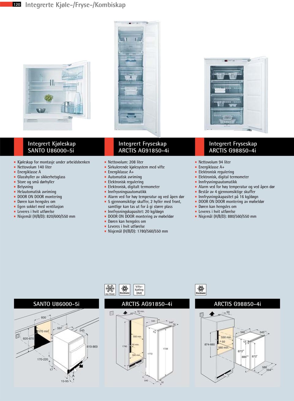 Nettovolum: 208 liter Sirkulerende kjølesystem med vifte Energiklasse A+ Automatisk avriming Elektronisk regulering Elektronisk, digitalt termometer Innfrysningsautomatikk Alarm ved for høy