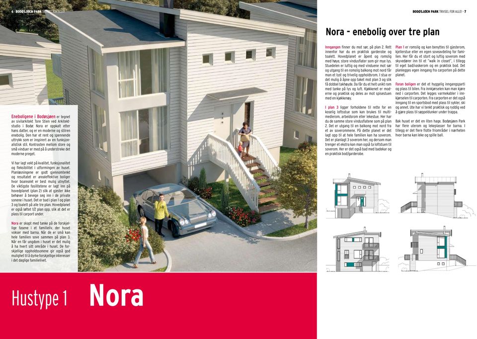 - 7 Nora - enebolig over tre plan Eneboligene i Bodøsjøen er tegnet av sivilarkitekt Tore Stien ved Arkitektstudio i Bodø: Nora er oppkalt etter hans datter, og er en moderne og stilren enebolig.