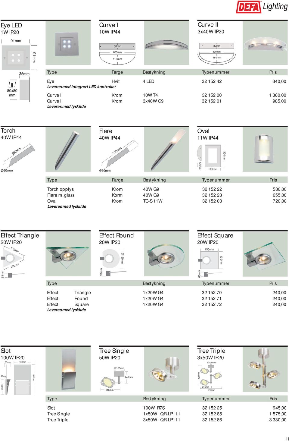 50mm 195mm Torch opplys Krom 40W G9 32 152 22 580,00 Flare m.