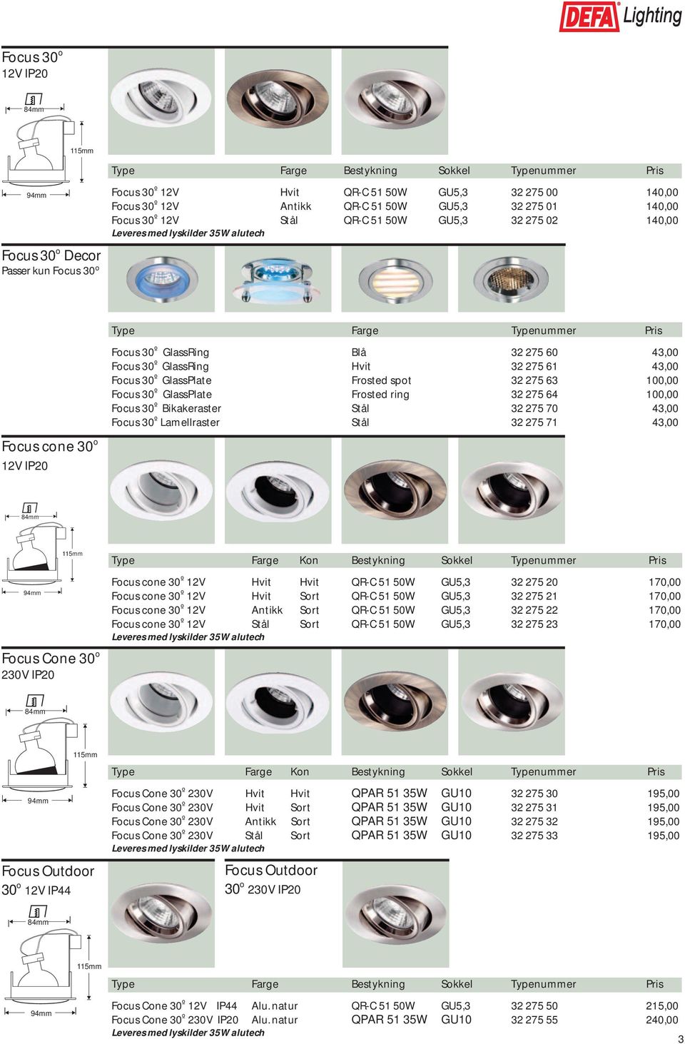 100,00 Focus 30 º GlassPlate Frosted ring 32 275 64 100,00 Focus 30 º Bikakeraster Stål 32 275 70 43,00 Focus 30º Lamellraster Stål 32 275 71 43,00 84mm 94mm Focus Cone 30 o Type Farge Kon Bestykning