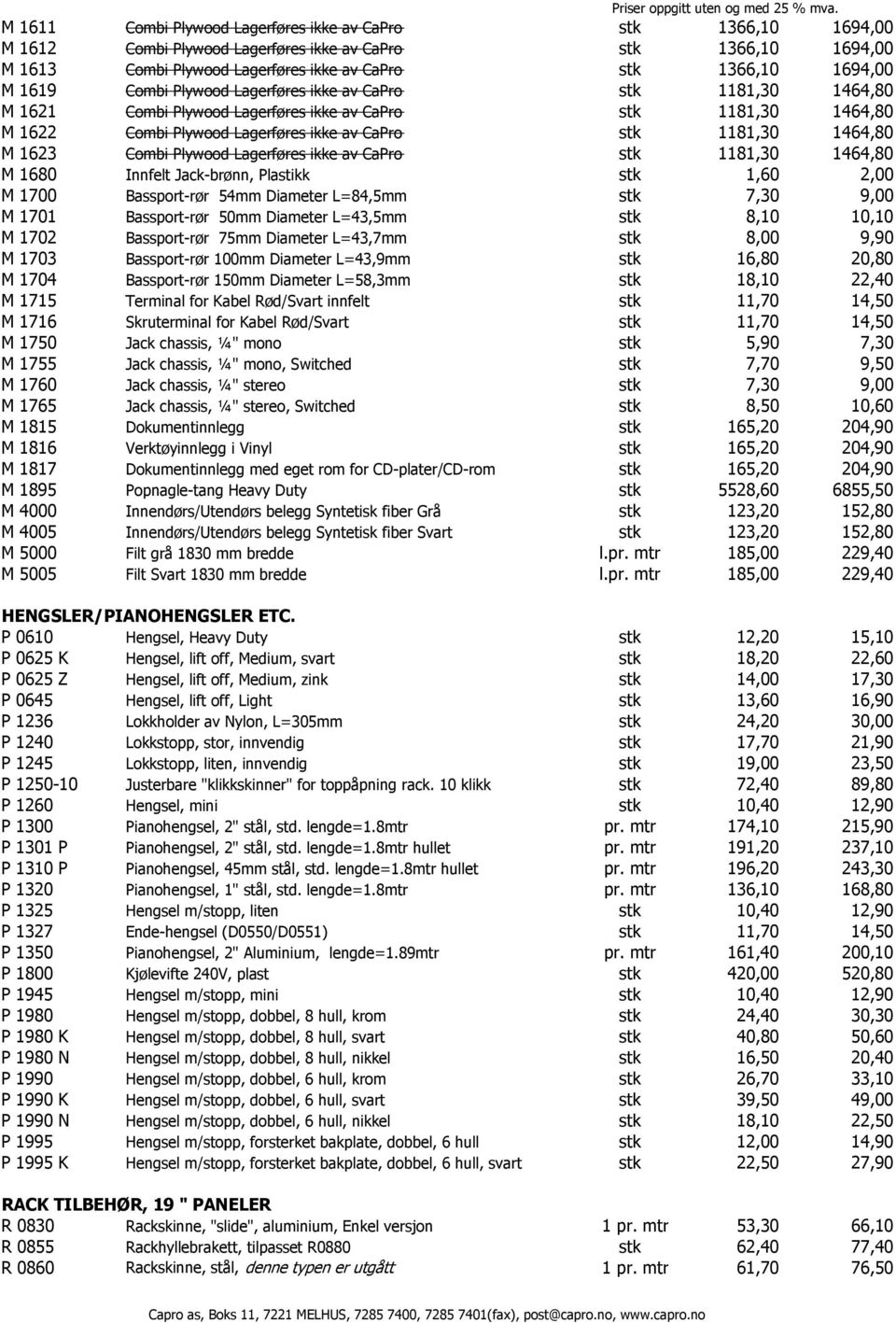 1623 Combi Plywood Lagerføres ikke av CaPro stk 1181,30 1464,80 M 1680 Innfelt Jack-brønn, Plastikk stk 1,60 2,00 M 1700 Bassport-rør 54mm Diameter L=84,5mm stk 7,30 9,00 M 1701 Bassport-rør 50mm