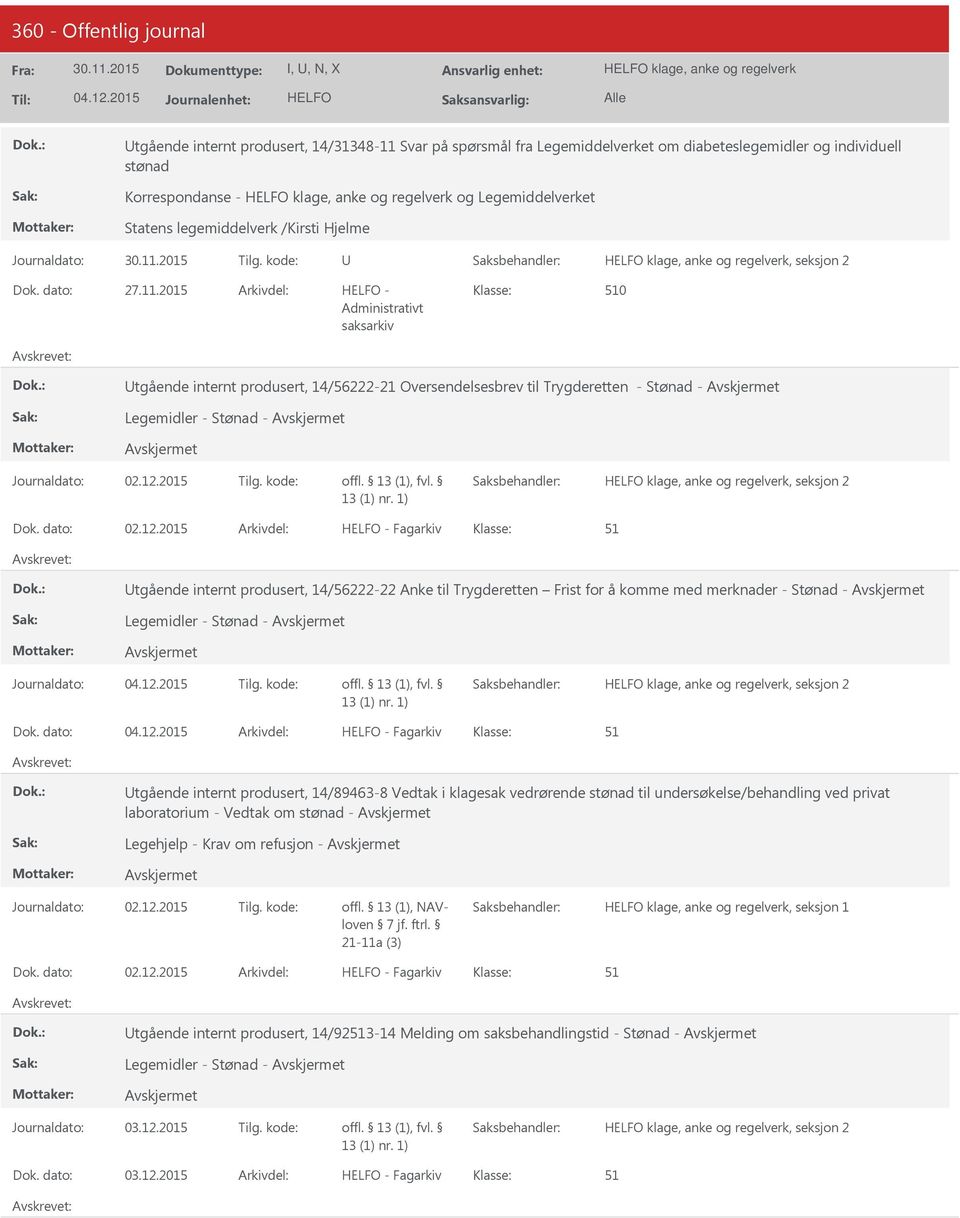 2015 Tilg. kode: 02.12.2015 - Fagarkiv tgående internt produsert, 14/56222-22 Anke til Trygderetten Frist for å komme med merknader - Stønad - Legemidler - Stønad - Journaldato: Tilg.