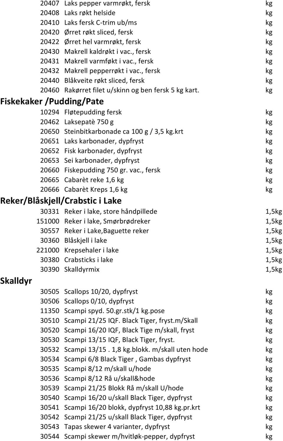 kg Fiskekaker /Pudding/Pate 10294 Fløtepudding fersk kg 20462 Laksepatè 750 g kg 20650 Steinbitkarbonade ca 100 g / 3,5 kg.