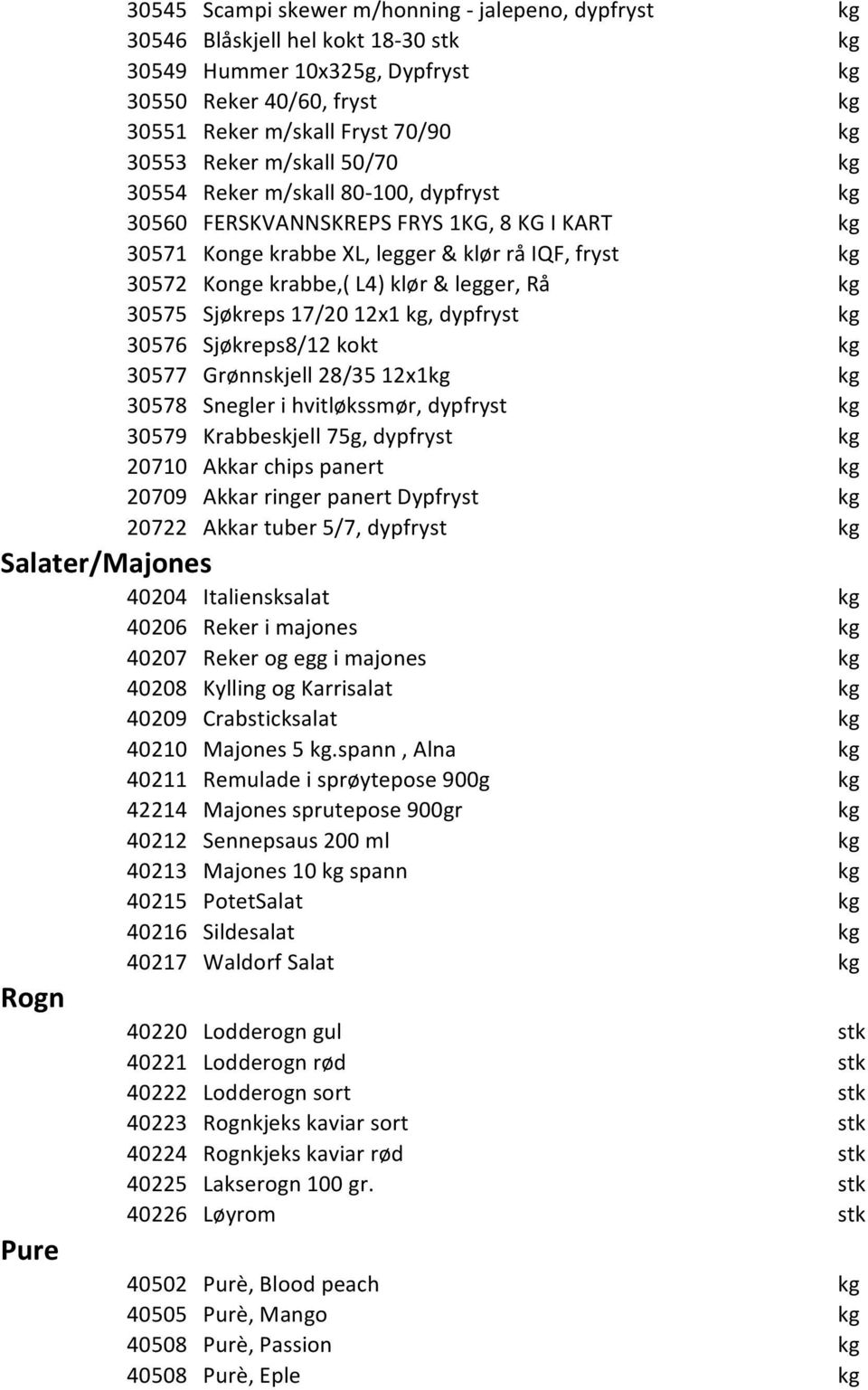 legger, Rå kg 30575 Sjøkreps 17/20 12x1 kg, dypfryst kg 30576 Sjøkreps8/12 kokt kg 30577 Grønnskjell 28/35 12x1kg kg 30578 Snegler i hvitløkssmør, dypfryst kg 30579 Krabbeskjell 75g, dypfryst kg