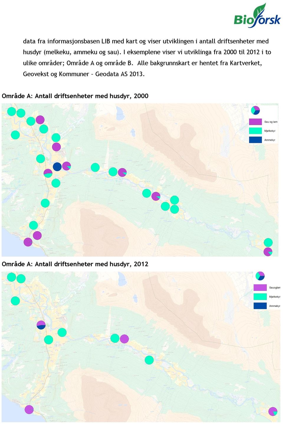I eksemplene viser vi utviklinga fra 2000 til 2012 i to ulike områder; Område A og område B.
