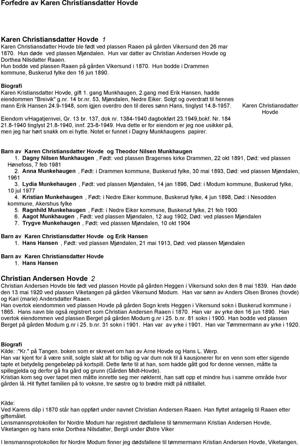 Karen Kristiansdatter Hovde, gift 1. gang Munkhaugen, 2.gang med Erik Hansen, hadde eiendommen "Breivik" g.nr. 14 br.nr. 53, Mjøndalen, Nedre Eiker. Solgt og overdratt til hennes mann Erik Hansen 24.