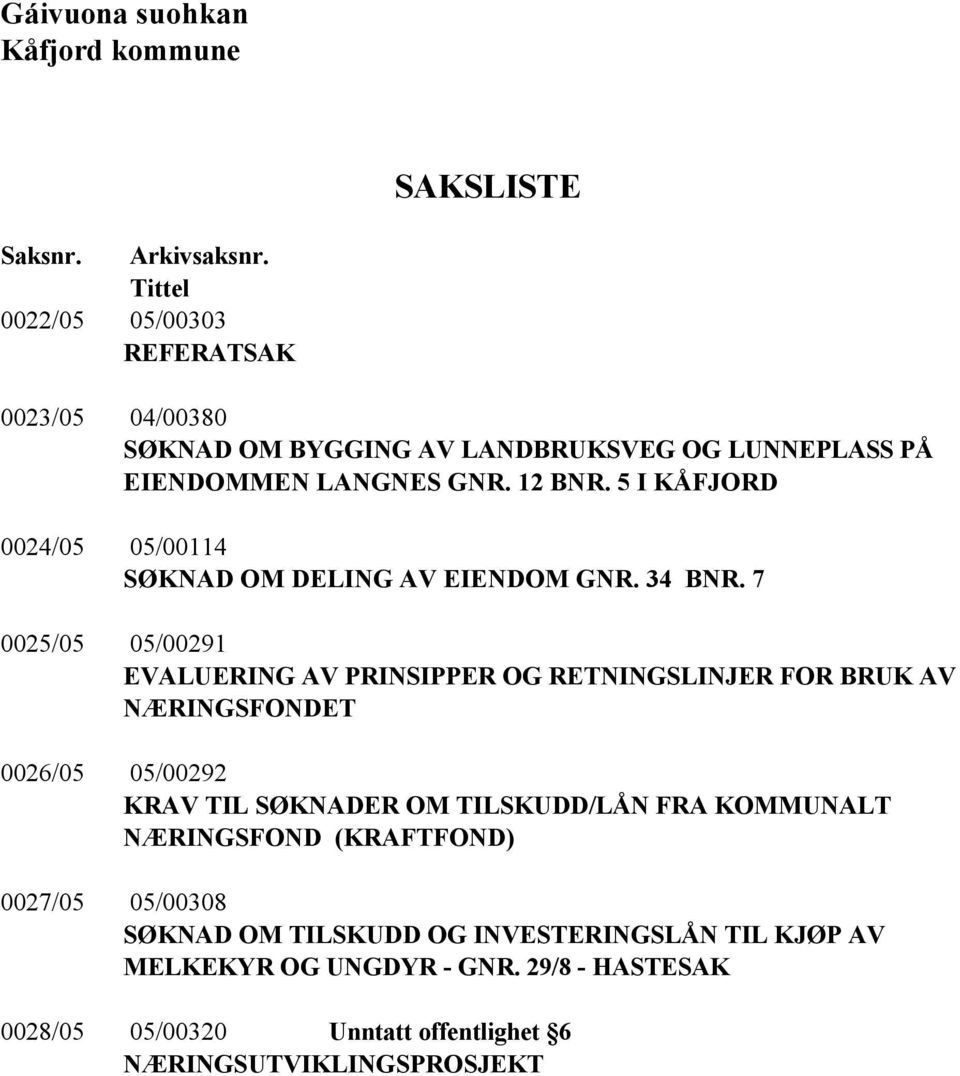 5 I KÅFJORD 0024/05 05/00114 SØKNAD OM DELING AV EIENDOM GNR. 34 BNR.