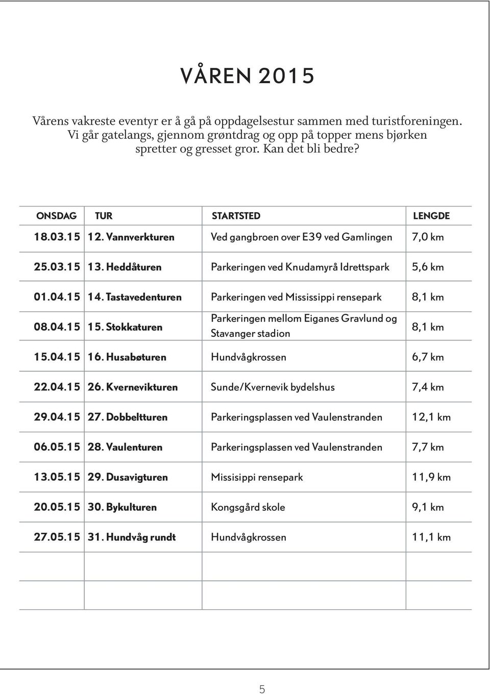 Tastavedenturen Parkeringen ved Mississippi rensepark 8,1 km 08.04.15 15. Stokkaturen Parkeringen mellom Eiganes Gravlund og Stavanger stadion 8,1 km 15.04.15 16. Husabøturen Hundvågkrossen 6,7 km 22.